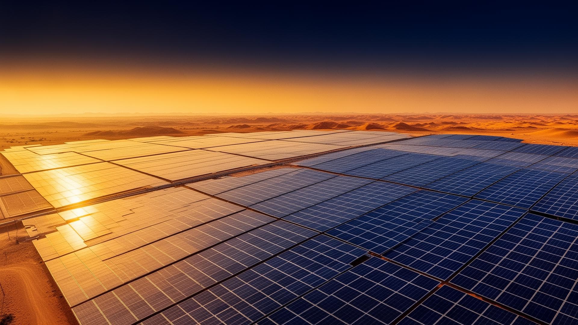 Vast solar farm at golden hour